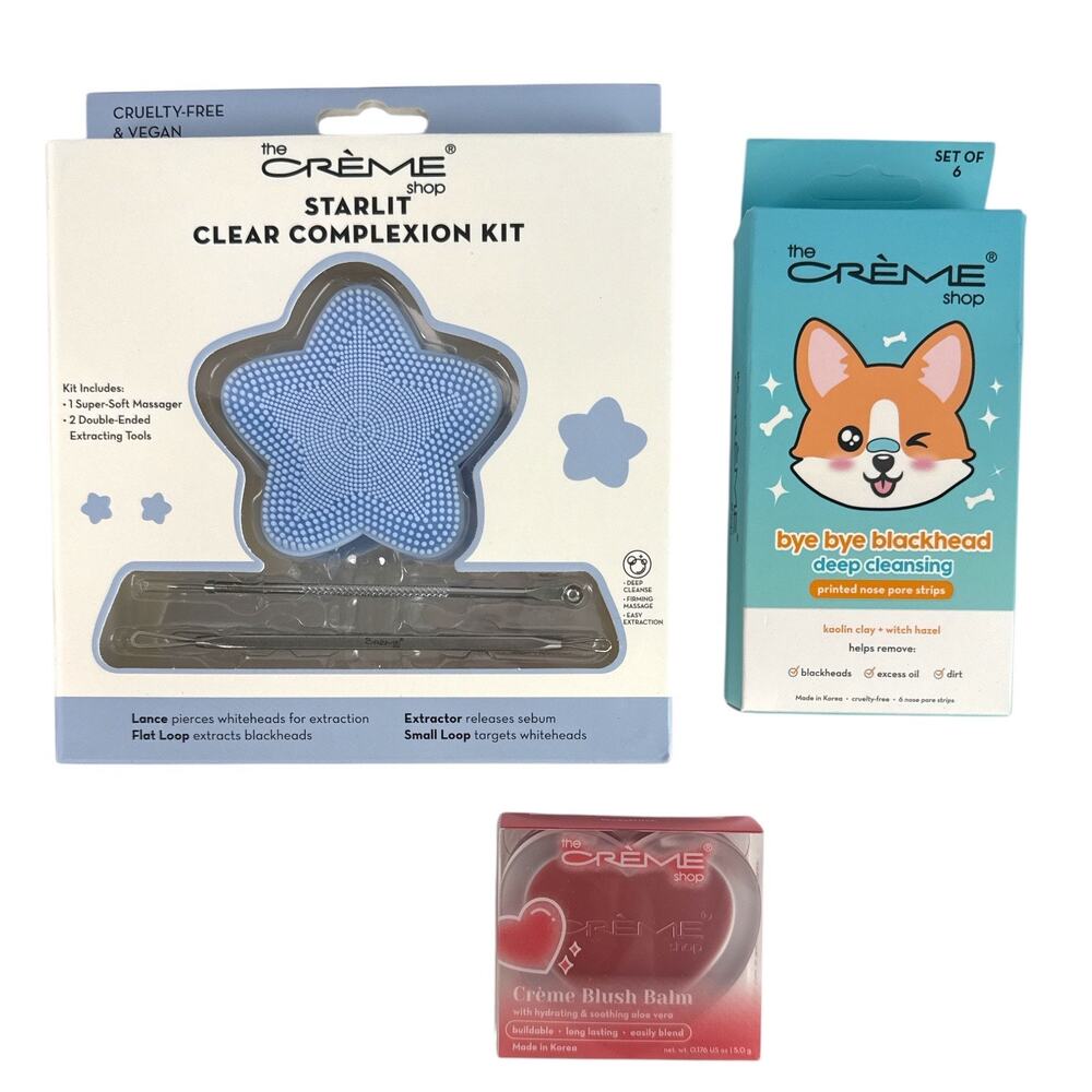 The Crème Shop Skincare Gift Set NWT Blackhead Nose Strips Blush Tools